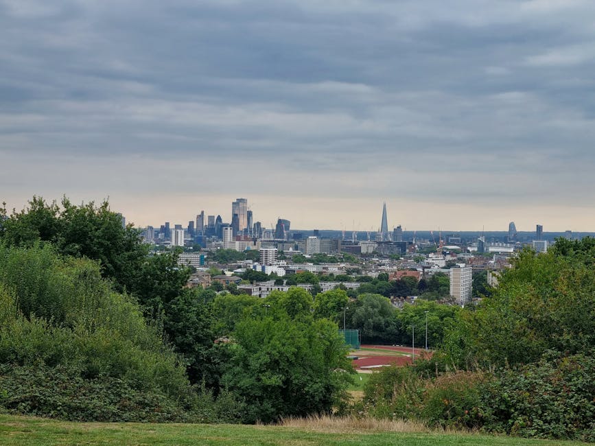 A panoramic view of London skyline seen from a green park with lush trees in the foreground. The cityscape features various modern high-rise buildings, including The Shard and several office towers, u