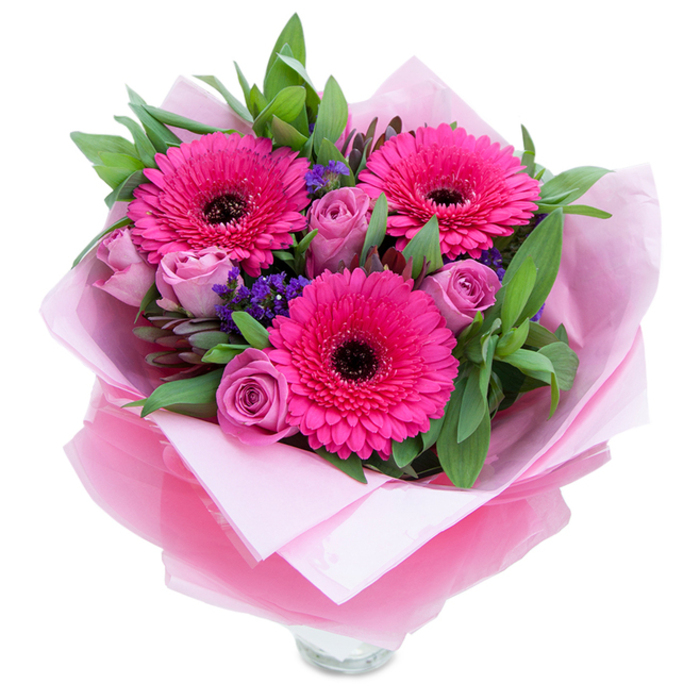 At first glance the eye is drawn to the three fuchsia gerberas, their rich pink petals fanning out in perfect symmetry around deep, dark centres that create a dramatic focal point. Tucked closely among them are roses in a muted lavender-pink or dusty rose tone, their layered petals still snug in the early stages of opening and lending a sense of poised elegance. Sprigs of tiny purple statice thread through the bouquet, lending a textured contrast and a whisper of cool violet that offsets the warm pinks. A generous spray of glossy green foliage-salal-like leaves with occasional rounded eucalyptus-wraps the blooms in a fresh, garden-like fullness and adds a crisp, slightly resinous scent. The florist has wrapped the stems in an inner layer of soft, matte pale pink tissue, then folded a translucent, slightly crinkled fuchsia-pink cellophane over the top to catch the light and reinforce the colour scheme; the wrapping is neat and considered, an invitation to unpeel a thoughtful gift. The clear glass vase rim showing at the bottom suggests the bouquet is ready to be displayed, reflecting a sliver of light that highlights the petal textures. This composition feels both playful and refined-perfect for celebrating a birthday on a sunny day near Primrose Hill Park or for bringing warmth to a neighbouring flat on Chalk Farm Road. The overall effect is joyful, tactile, and immediately appealing to both sight and scent.