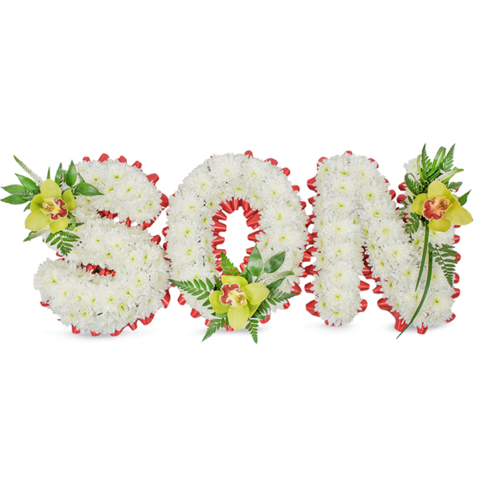 Presented against a plain white backdrop, this solemn floral creation spells the word SON with three-dimensional letters densely covered in small, immaculate white chrysanthemums. The chrysanthemums' layered petals create a uniformly soft, sculpted plane for each letter, lending a calm, cloud-like repose to the design. Around the entire outline and within the central void of the O a bright red ribbon is artfully looped into a series of scalloped folds, its satin surface offering a crisp, lyrical contrast to the matte texture of the chrysanthemum heads. Accenting the white expanse are three elegant lime-green Cymbidium orchids, each bearing a pale orange to reddish-brown throat; one orchid nestles into the upper left curve of the S, another sits at the base of the O, and the last accents the upper right arm of the N. These orchids add sculptural form, a faint, floral perfume, and a gentle warmth that complements the cool whiteness of the chrysanthemums. Lush green leaves and delicate fern fronds are artfully arranged around each orchid cluster, giving the composition vertical movement and a natural silhouette that lifts the letters slightly. The lighting is soft and even, chosen to show the precise handwork-tight bloom placement, secure ribbon edging, and balanced foliage-so that viewers appreciate both the sentiment and the craftsmanship. This is the sort of personalised funeral tribute we prepare for memorial services and graveside remembrances, conveying love, respect, and a quiet celebration of a son's life in an understated, considerate manner.