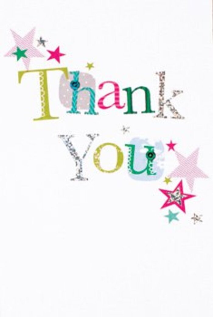 There's a uniquely graceful energy to this thank you card, reminiscent of the understated sophistication of Primrose Hill's streetscapes. Each letter of 'Thank You' is arranged with care, every character brimming with its own charm-some whimsical, peppered with playful spots or cheerful curves, others almost musical in their elegant lines. Vibrant stars cluster around the message, some banded with sparkling pink stripes, others awash in deep turquoise or gentle silver-each adding a blessing of its own, like the gentle hum of conversation at a local café along Gloucester Avenue. The layout feels airy and modern, softened by a sprinkling of stardust that breathes life into the generous white setting. It's an aesthetic that finds the perfect balance-not overly formal, never too casual-offering a sense of warmth and invitation that fits any moment of thanks, whether after a sunny afternoon in Primrose Hill Park or a heartfelt gesture shared between neighbours. As a florist who serves this vibrant enclave, I see this card nestled beside a bouquet as the finishing touch; a gesture that radiates both gratitude and an effortless, memorable joy, much like a friend's smile on a crisp London morning.