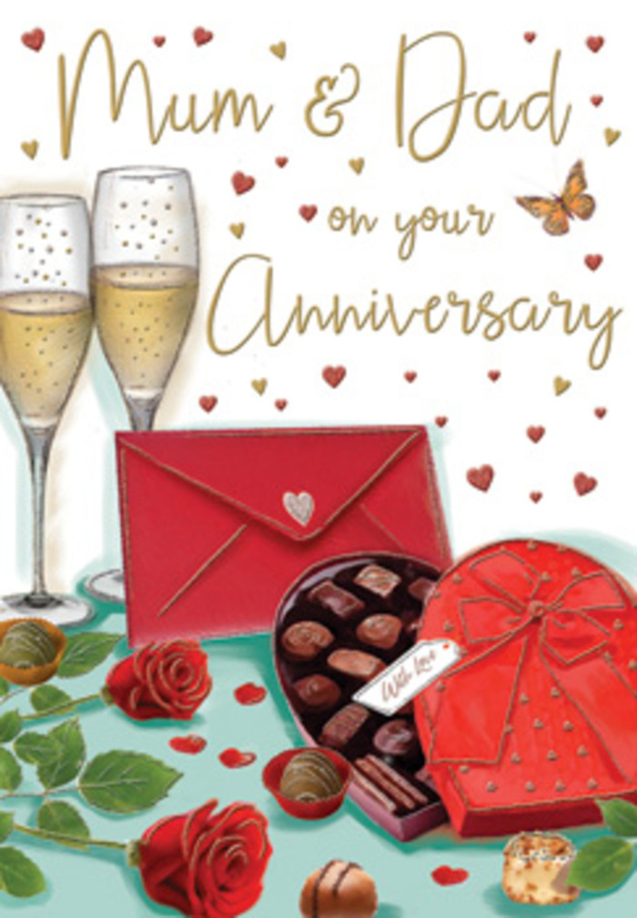 Luxurious anniversary card artwork that feels like a lovingly staged Primrose Hill celebration for 'Mum & Dad'. The image draws the eye first to two tall champagne glasses placed close together, their slender stems casting delicate shadows while golden bubbles rise through the pale fizz, suggesting a joyful toast about to be shared. Just in front, a heart-shaped chocolate box rests on the table, its rich red lid tilted open to reveal a neat array of chocolates, each one shaded with soft highlights that make them appear glossy and indulgent. A wide, dramatic red bow wraps around the box, its satin ribbon curling elegantly across the tabletop. To the side, two red roses lie gracefully, their petals a deep ruby hue, carefully layered and almost velvety to the eye, as if freshly chosen from Flower Delivery Primrose Hill for same-day delivery around the village and Regent's Park. Green foliage peeks out beneath the blooms, adding a fresh contrast that softens the rich reds and golds. A striking scarlet envelope, sealed and slightly raised, hints at a private handwritten message full of affection. Around it and floating through the background, golden and crimson hearts shimmer, framing hand-lettered anniversary wishes and adding a sense of playful romance. The lighting feels warm and soft, like evening light streaming through a Primrose Hill bay window, with gentle reflections glinting on the glass and the chocolates. This card illustration captures the essence of a family anniversary: intimate, celebratory, and steeped in the comforting sense of a long, loving journey shared together.