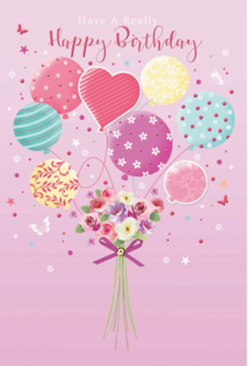 Whimsical birthday card artwork featuring a pastel balloon bouquet lifting a dainty arrangement of flowers, imagined through the eyes of an experienced Primrose Hill florist. The composition sits on a soft pink background that feels like the sky at sunset over Regent's Park, framing a cluster of balloons in gentle tones of blush, lavender, sea green, and buttery yellow. Each balloon has its own playful character: some are wrapped in swirling ribbon stripes, others dance with polka dots, and a central heart-shaped balloon radiates affection and joy. Suspended beneath them is a hand-tied bouquet of fresh blossoms-petite roses, velvety petals shaded from cream to rose, and anemone-like flowers in ivory and mauve, all gathered as if for a birthday delivery just off Gloucester Avenue. You can almost sense their soft, sweet fragrance mingling with the imagined breeze that lifts the balloons upward. A shimmering violet ribbon hugs the stems, its satin texture catching the light the way window displays do along Regent's Park Road. Around the bouquet float dainty butterflies and tiny sparkling stars, suggesting a fairy-tale celebration paused in mid-air, like a happy moment shared in one of the area's leafy garden squares. The overall feeling is both playful and polished, expressing heartfelt birthday wishes with the same care and detail a local florist would bring to a bespoke order for friends and families across Primrose Hill, Belsize Park, and the surrounding NW1 streets.