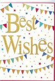 This congratulations card radiates an easy, heartfelt joy, as if designed for those special moments when life in Primrose Hill calls for a warm, genuine well done. In the centre, the words Best Wishes sweep across the card in striking golden script, the letters thick, curving, and slightly raised, catching the light with a subtle glittering finish. The gold stands out vividly against the clean white backdrop, reminiscent of late afternoon sunlight reflecting on the façades along Chalcot Crescent. The lettering suggests not just a message but a feeling you could almost trace with your fingertips, as though the sentiment has been carefully embossed with real care. Enveloping this central phrase, two garlands of bunting arc gracefully, one along the top portion of the card and one near the bottom. The tiny flags are bright and lively in colour-bold blues, cherry reds, grassy greens, and cheerful yellows-and some are patterned with dots, stripes, or geometric patches, hinting at the playful creativity of homemade decorations at a local school fair or community event. Between these bunting strands, small stars and round confetti dots are scattered across the white space in coordinating colours, adding a sprinkle of movement and sparkle, like confetti drifting slowly to the ground after a celebratory cheer. The overall composition feels balanced and inviting, playful yet refined, making it a versatile choice for many happy occasions. It would sit perfectly beside a vase of fresh seasonal flowers in a Primrose Hill home, or accompany a congratulatory delivery across the neighbourhood to celebrate exams, new beginnings, or any milestone that deserves bright, golden wishes.