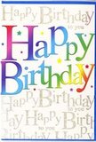 This birthday card design offers the visual equivalent of a happy chorus sung on a hillside, making it a charming partner for a bouquet ordered in Primrose Hill. Dominating the scene is the phrase Happy Birthday, spelled out in broad, rounded letters that arc confidently across the card. Each letter is drenched in a smooth gradient of colour, starting with deep cherry red and rich magenta on one side, shifting into velvety violets and royal blue, and then fading into crisp greens and soft, lemony yellows on the other, mirroring the lively mix of tones you'd see in a bright seasonal arrangement. The colouring is subtly blended, giving every letter a gentle three-dimensional look, as if it had been carefully painted and then polished. Behind this central phrase, the background is warm white, entirely filled with fine lines of elegant cursive writing in metallic gold ink. The script quietly repeats Happy Birthday to you, forming a delicate, almost musical pattern that catches the light in a refined shimmer, reminiscent of evening light brushing the rooftops near Primrose Hill. Interspersed among the script are tiny bursts of colour in the form of star shapes and scattered dots in pink, turquoise, purple, and soft gold, like miniature pieces of confetti frozen in mid-air. The composition remains clean and uncluttered despite the detail, balancing bold colour with understated sparkle. It conveys a sense of heartfelt celebration and youthful joy, perfect for accompanying fresh birthday flowers delivered to a home, studio, or café table within the Primrose Hill neighbourhood.