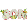 A tender, three-dimensional floral tribute spells the word SON in bold block letters, each letter built from hundreds of small, pristine white chrysanthemum blooms that form a soft, cloud-like surface. The chrysanthemums' petals read as pure white texture at a short distance and, close up, show the delicate layered discs that give the letters their sculpted, peaceful volume. The perimeter of each letter is traced with a continuous scalloped loop of vibrant red ribbon, the glossy ribbon catching a little key light and cutting a striking, solemn contrast against the white mass-an emblematic pop of colour that suggests love and remembrance. Nestled into the curves and corners are three lime-green Cymbidium orchids, each with a pale orange-reddish throat, their waxy petals and subtle fragrance lending a quiet, dignified warmth. The upper left of the S, the base of the O and the upper right of the N each hold an orchid cluster surrounded by lush green foliage and delicate fern fronds that trail slightly, adding height and organic movement to the otherwise formal lettering. The arrangement sits on a plain white background in soft, diffused light so that texture, shadow, and the gentle sheen of the ribbon are clearly visible. As a memorial piece this design balances purity and vivid affection-white chrysanthemums for dignity, red for love, and green orchids for solace. A florist's careful craftsmanship is evident in the compact packing of blooms and the graceful placement of foliage, creating a respectful tribute intended for a funeral service, graveside memorial, or a private moment of remembrance for a beloved son.