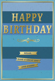 A beautifully composed blue and gold birthday card stands as the focal point, its design exuding calm, thoughtfulness, and gentle festivity that would feel right at home in a Primrose Hill sitting room. The background is made up of broad horizontal stripes in carefully blended shades of blue, gliding from deep navy and royal through softer denim, teal, and misty sky blue before subtly darkening again, creating a soothing ombré field of colour. Centered across these bands, the greeting HAPPY BIRTHDAY is embossed in proud, capital gold letters, each stroke smooth, even, and glinting softly-like a shaft of afternoon light over Primrose Hill's grassy slopes. Just beneath, a delicate, curling gold motif stretches across the card, providing a graceful bridge between the main message and the sentiment below. Three slim golden banners are neatly stacked under this flourish, each slightly raised so that the edges cast the faintest of shadows. On them, the friendly words appear: Relax, have a great day and enjoy! The gold accents are polished but refined, standing out against the matte blue backdrop without shouting, much like a quietly stylish townhouse off Gloucester Avenue. A fine gold border runs around the entire front, containing the design and giving it a framed, almost gallery-like appearance. The thickness of the card stock and the precise embossing suggest quality and care, as if chosen by someone who values both style and sincerity. You can imagine this card placed next to a bouquet delivered locally, creating a peaceful little corner of birthday celebration-a moment to pause, breathe, and simply enjoy the day.