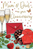 Emotionally rich anniversary card illustration portraying a lovingly prepared scene for parents in a Primrose Hill home. In the foreground, two crystal-clear champagne flutes stand close, each filled with a golden, sparkling drink where tiny bubbles seem frozen mid-rise, ready for a meaningful toast. Just beside them is a heart-shaped box of chocolates, drawn with a deep red exterior and a generous satin bow that arcs across the lid in full, luxurious folds. The lid is propped open, revealing neatly arranged chocolates whose rounded tops and subtle shading give them a smooth, melt-in-the-mouth look. To one side, two exquisite red roses rest on the table, their petals rich and velvety, packed with detail like a freshly arranged bouquet from a neighbourhood florist near Primrose Hill and Regent's Park. The greenery beneath them adds texture and freshness, balancing the bold reds. A bright scarlet envelope lies nearby, sealed and angled toward the viewer, suggesting a personal message for 'Mum & Dad' written with care. Around this central arrangement, small hearts in shades of crimson and soft gold drift gently across the design, framing graceful lettering and adding a playful, romantic rhythm. Warm, diffused light bathes the whole composition, reflecting softly on the glasses and giving the chocolates a gentle sheen, as though the scene is set in a candlelit dining room overlooking Primrose Hill. The image conveys tenderness, gratitude, and the joy of an anniversary celebrated with simple yet meaningful luxuries shared within a close, loving family.
